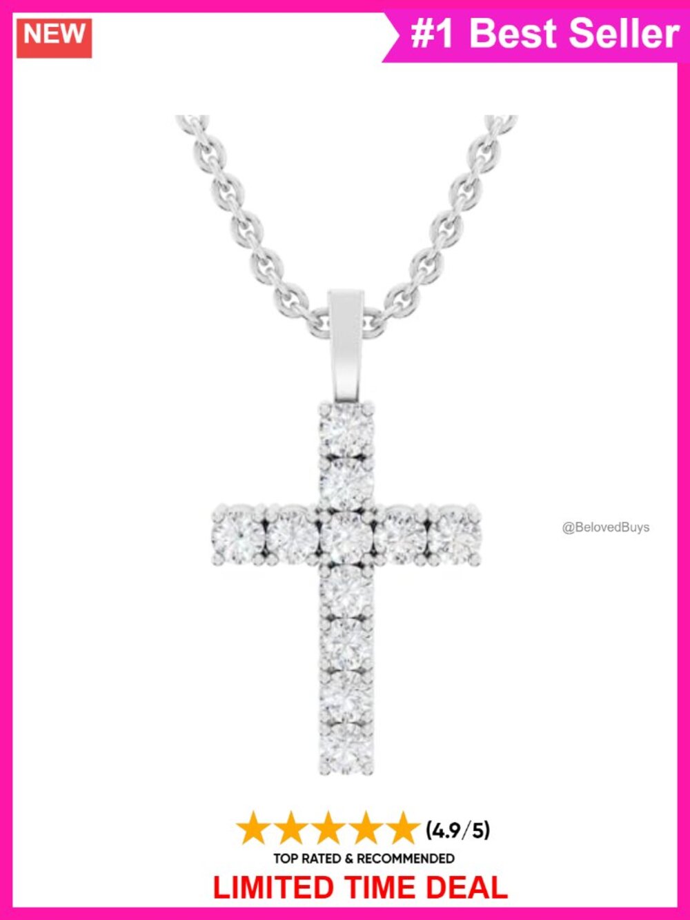 925 Sterling Silver Moissanite Cross Pendant Necklace 18in